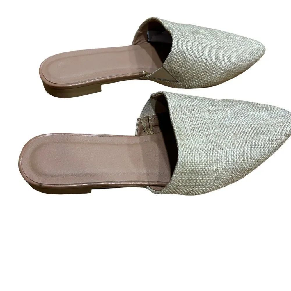 Straw Rattan Pointed Toe Mule Slides Flats - Picture 7 of 9